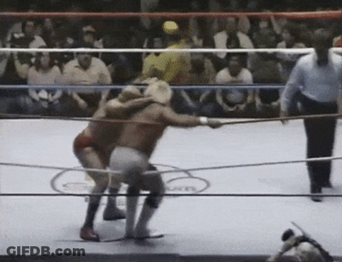 Two Men Wrestling In Ring With Referee GIF