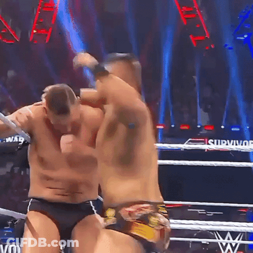 Two Men Wrestling In Ring With Survivor GIF