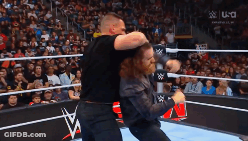 Two Men Wrestling In Ring With W GIF