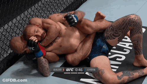 Two Men Wrestling In UFC Ring At 0:46 GIF