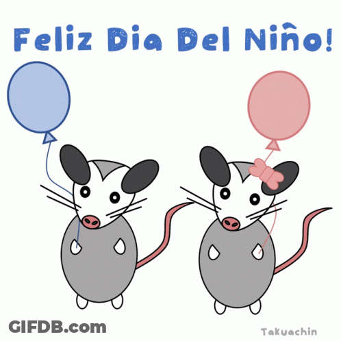 Two Mice Holding Balloons With The Words Feliz Dia Del Niño Written Above Them GIF
