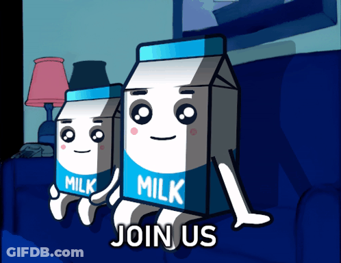 Two Milk Cartons On Couch Saying Join Us GIF