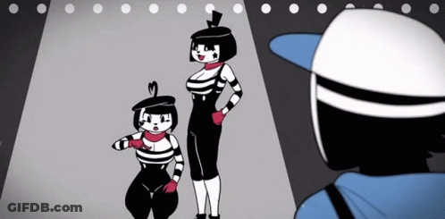 Two Mime Girls Standing In Front Of Man In Blue Hat GIF