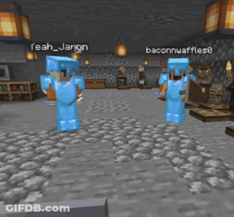 Two Minecraft Characters Are Standing In A Room With The Name Baconwaffle On The Bottom GIF
