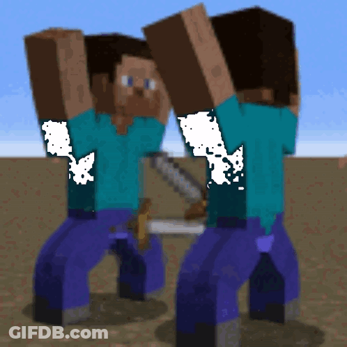 Two Minecraft Characters Are Standing Next To Each Other Holding Swords GIF
