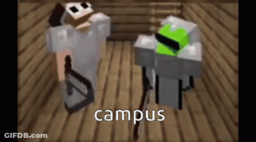 Two Minecraft Characters Are Standing Next To Each Other On A Wooden Floor With The Word Campus Written On The Bottom . GIF