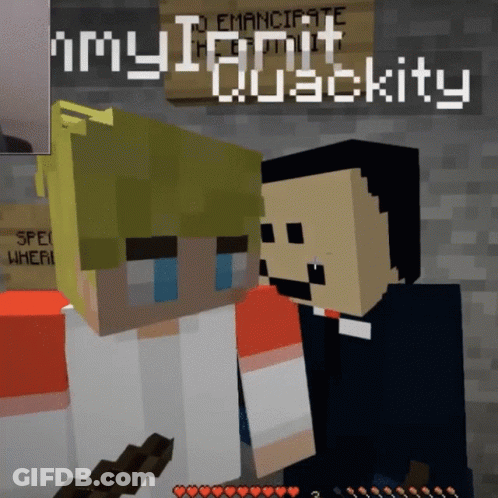 Two Minecraft Characters Are Standing Next To Each Other With A Sign Behind Them That Says " I Am Quackity " GIF