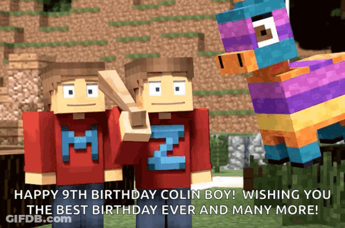 Two Minecraft Characters Next To Piñata Saying Happy 9Th Birthday Colin Boy GIF