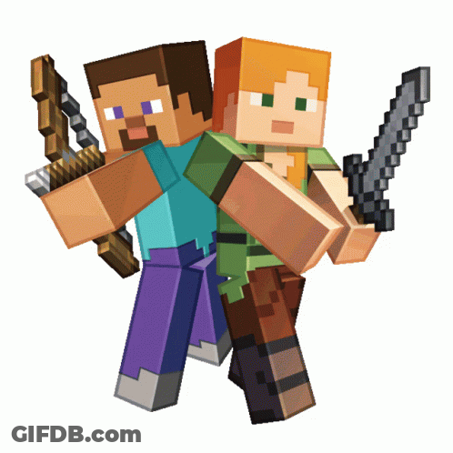 Two Minecraft Characters Standing Next To Each Other Holding Swords GIF