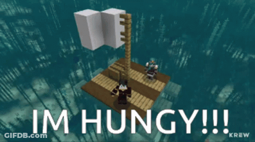 Two Minecraft Characters Standing On A Wooden Dock With The Words Im Hungy !!! Below Them GIF