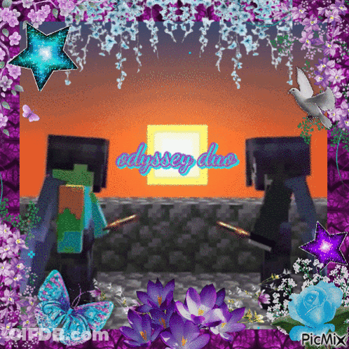 Two Minecraft Characters With Purple Flowers Saying Odyssey Duo GIF