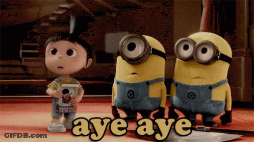 Two Minions Are Standing Next To A Little Girl Who Is Holding A Box That Says Toys R Us GIF