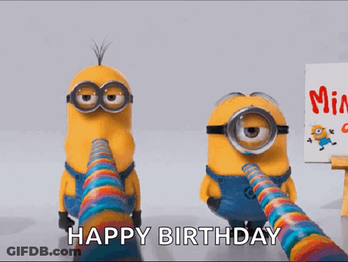 Two Minions Are Standing Next To Each Other With A Sign That Says Happy Birthday In The Background GIF