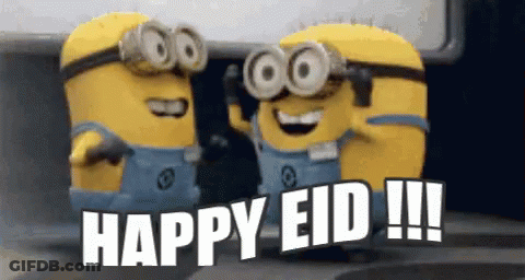 Two Minions Are Standing Next To Each Other With The Words Happy Eid GIF