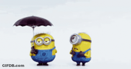 Two Minions Are Standing Under Umbrellas With A Sign That Says Gg7 GIF