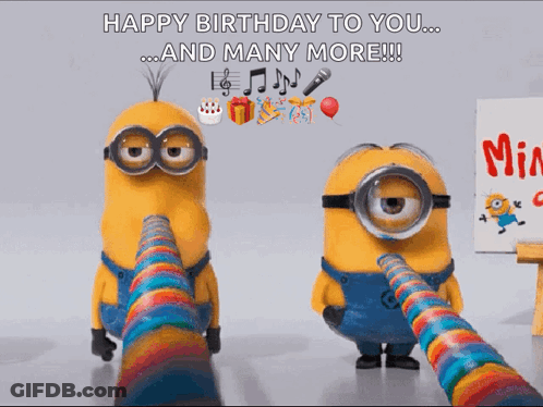 Two Minions Blowing Horns With The Words " Happy Birthday To You ... And Many More !!! " GIF
