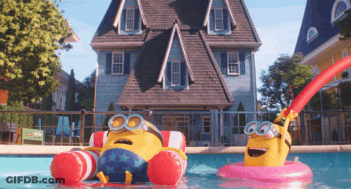 Two Minions Floating In Pool GIF