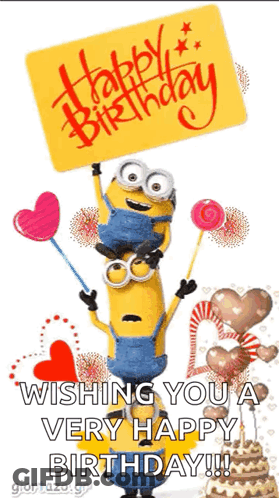 Two Minions Holding Balloons And Happy Birthday Sign GIF