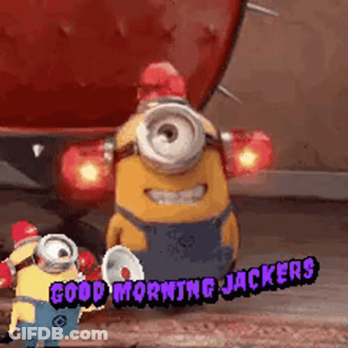 Two Minions In Goggles And Overalls Wishing Good Day At School GIF