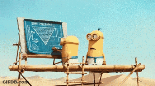 Two Minions On Scaffolding Looking At Blueprint In Desert GIF
