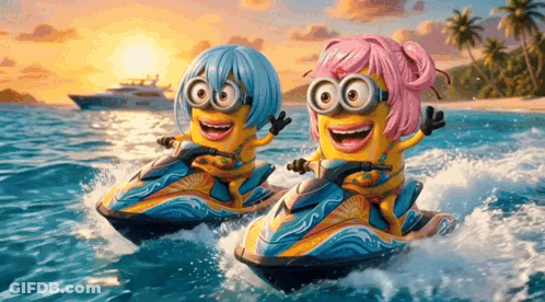 Two Minions Riding Jet Skis GIF