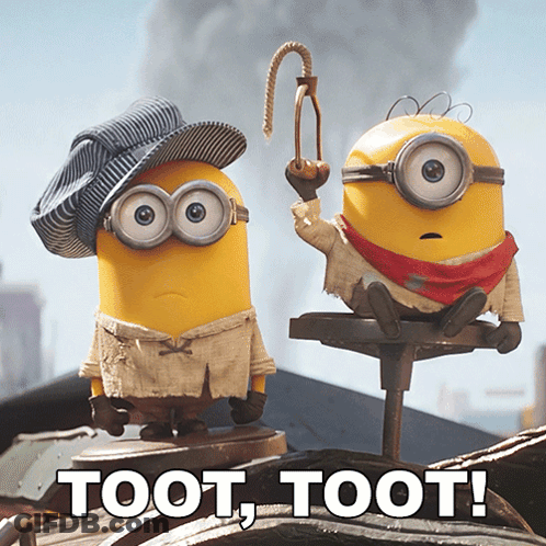Two Minions Standing Next To Each Other With The Words Toot Toot GIF
