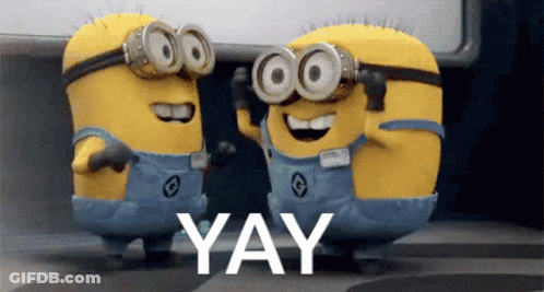 Two Minions Standing Together Saying Yay GIF