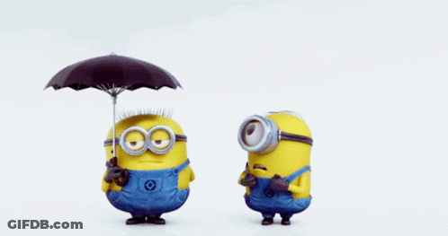 Two Minions Under Umbrellas One With Letter O GIF