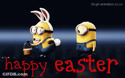Two Minions Wearing Bunny Ears And Goggles With The Words Happy Easter Below Them GIF