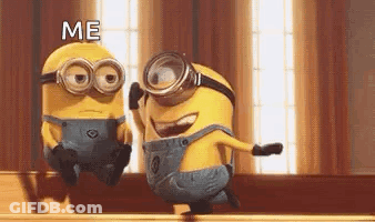Two Minions Wearing Goggles Are Standing Next To Each Other And Talking To Each Other . GIF