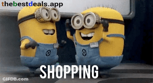 Two Minions Wearing Goggles Are Standing Next To Each Other With The Word Shopping Below Them GIF
