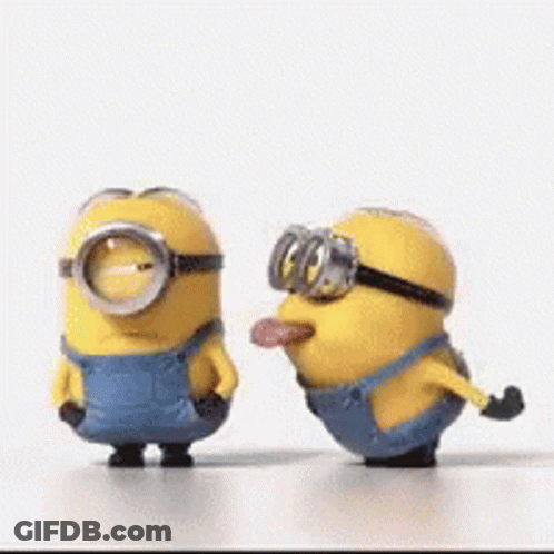 Two Minions Wearing Goggles Are Sticking Their Tongues Out While Standing Next To Each Other . GIF