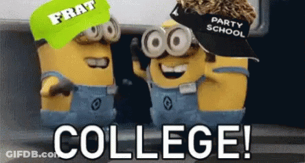 Two Minions With Party And Frat Hats GIF
