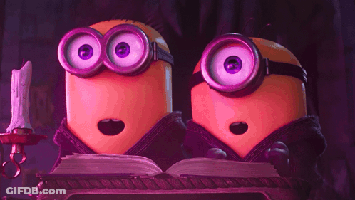 Two Minions With Purple Eyes Are Reading A Book Together GIF