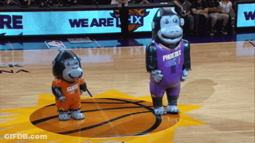 Two Monkey Mascots On A Basketball Court With A Sign That Says We Are Phoenix In The Background GIF