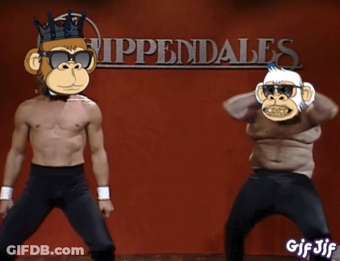 Two Monkeys Are Dancing In Front Of A Rippendales Sign GIF
