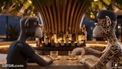 Two Monkeys Sitting At Bar Holding Hands Drinking Whiskey GIF