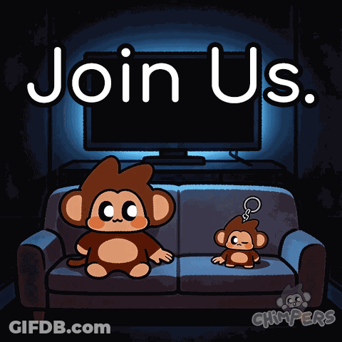 Two Monkeys Sitting On Couch Saying Join Us GIF