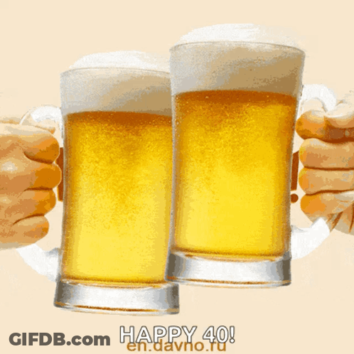 Two Mugs Of Beer Are Toasting With The Words Happy 40 GIF