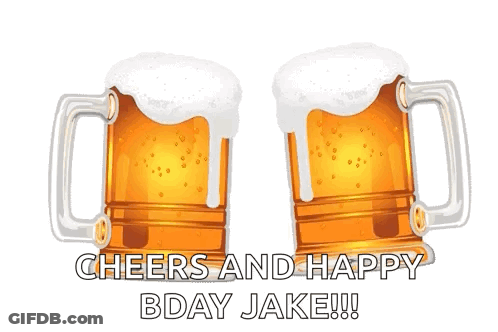 Two Mugs Of Beer With Foam On Top And The Words Cheers And Happy Bday Jake GIF