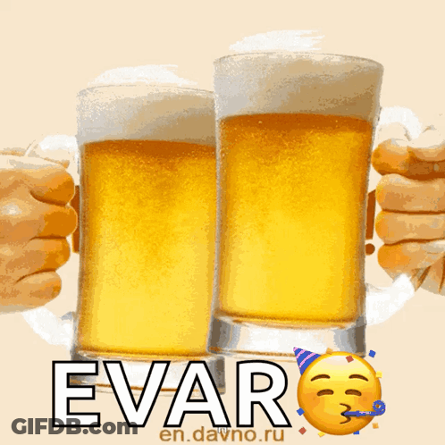 Two Mugs Of Beer With The Word Evar Written On The Bottom GIF