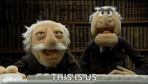 Two Muppets Are Sitting At A Computer Keyboard With The Words This Is Us Written On The Keyboard . GIF