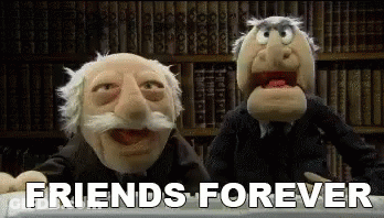 Two Muppets Are Sitting Next To Each Other In Front Of A Bookshelf With The Words `` Friends Forever '' . GIF