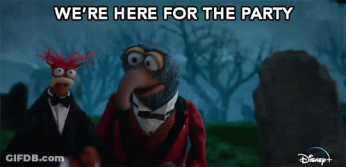 Two Muppets Are Standing In A Cemetery With The Words We 'Re Here For The Party Behind Them GIF