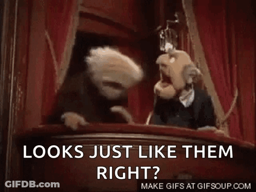 Two Muppets Are Standing On A Balcony Talking To Each Other And The Caption Says `` Looks Just Like Them Right '' . GIF