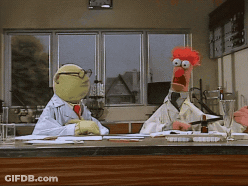 Two Muppets In Lab Coats Sit At A Desk GIF