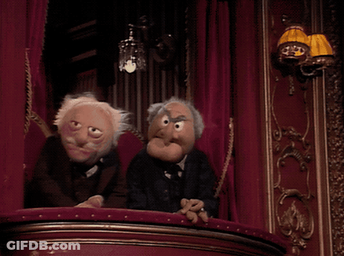 Two Muppets Sitting On A Balcony With The Words Oh Please Don T Make Us Watch It Again GIF