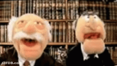 Two Muppets Standing In Front Of Bookshelf GIF