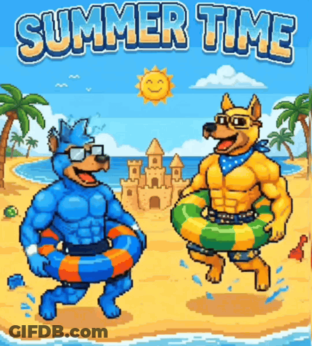 Two Muscular Dogs On Beach Summer Time Pixel Art GIF