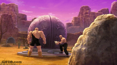 Two Muscular Men Standing In Front Of Dome In Video Game GIF